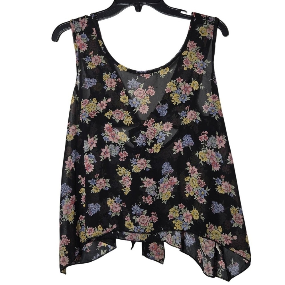 Mine Dark Floral Sheer Asymmetric Tank Top Large Tie Back Boho Summer Whimsigoth